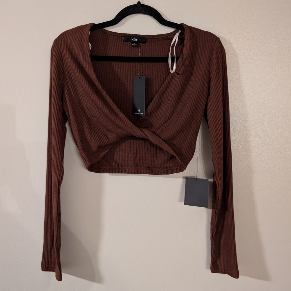 Lulu's Chocolate‎ Brown Long Sleeve Crop Top L